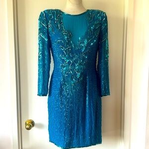 💕Vintage Cerulean Blue Crystal Beaded 💯Silk Long Sleeve Evening Dress 10 VGUC